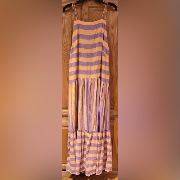 By Anthropologie Grommet Halter Stripe Linen Maxi Dress Lilac & Peach Size Large - Picture 6 of 14